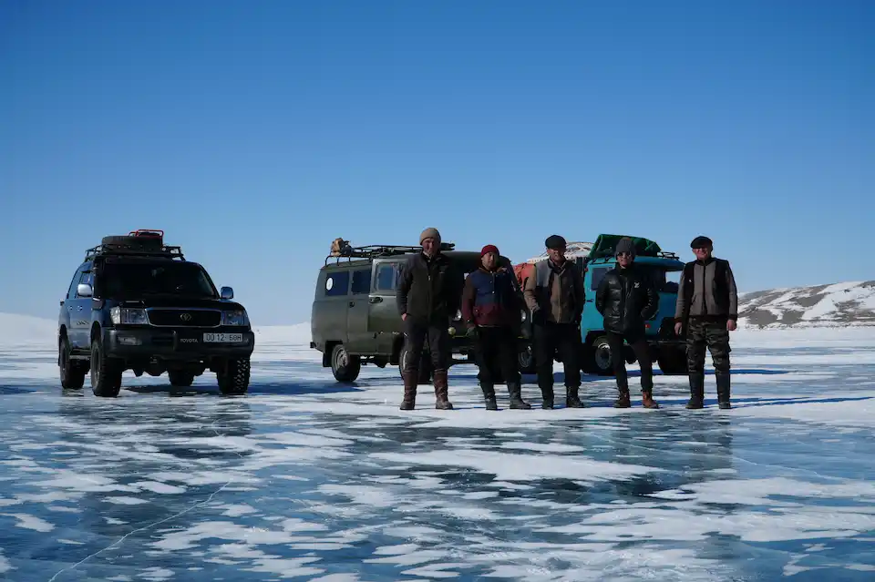 Sayat Travel crew prepares for winter adventure — crossing the frozen Black Lake in Mongolia’s Altai region