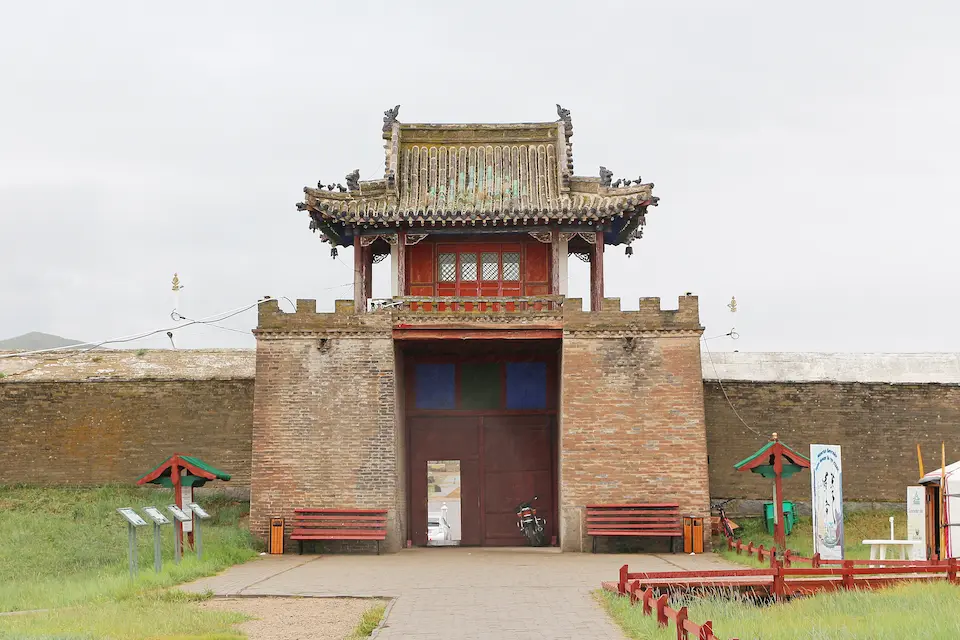 The entrance gate to Erdene Zuu Monastery blends Mongolian and Chinese architectural styles—welcoming visitors to a sacred site.