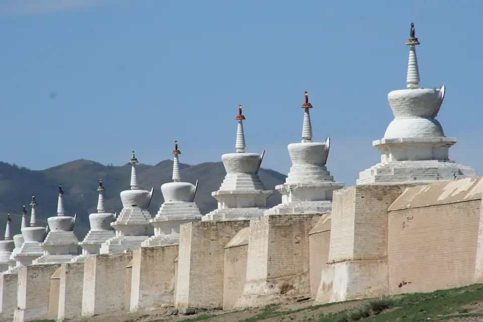 The 108 white stupas of Erdene Zuu Monastery form a sacred perimeter around Mongolia’s oldest Buddhist temple.