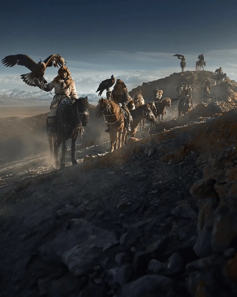 Eagle hunters in motion at the Golden Eagle Festival in Mongolia